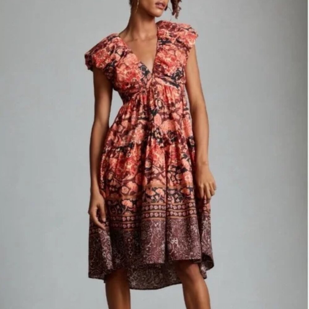 Anthropologie Red Multi Motif Printed V-Neck Babydoll Dress 8 - Picture 2 of 5